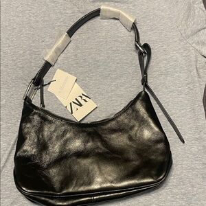 Zara Black Leather Shoulder Hobo Bag